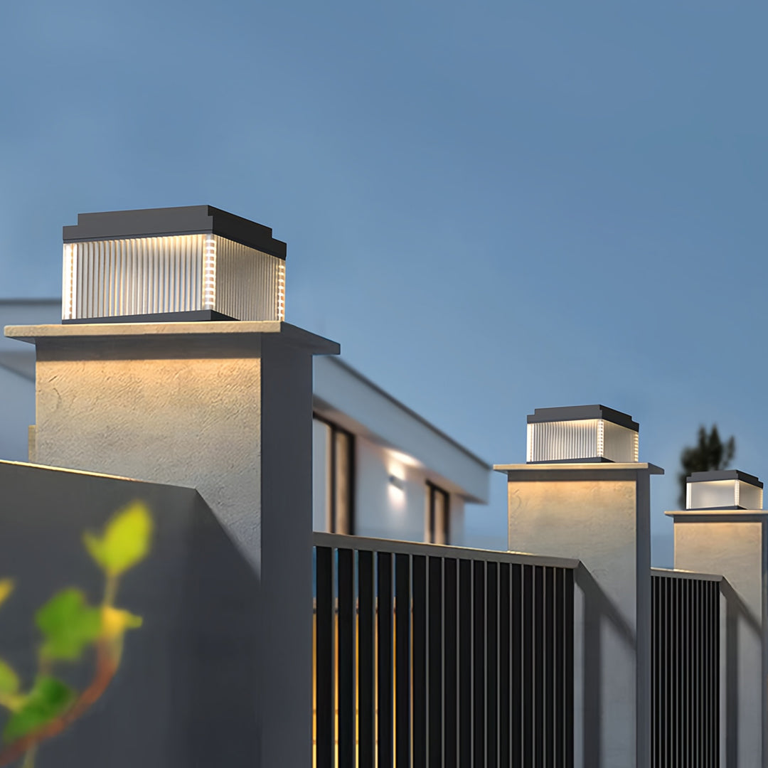 Minimalist Outdoor Pillar Light — Stainless Steel, Clear Glass, IP65 Weatherproof, Solar or Hardwired, 3 Sizes