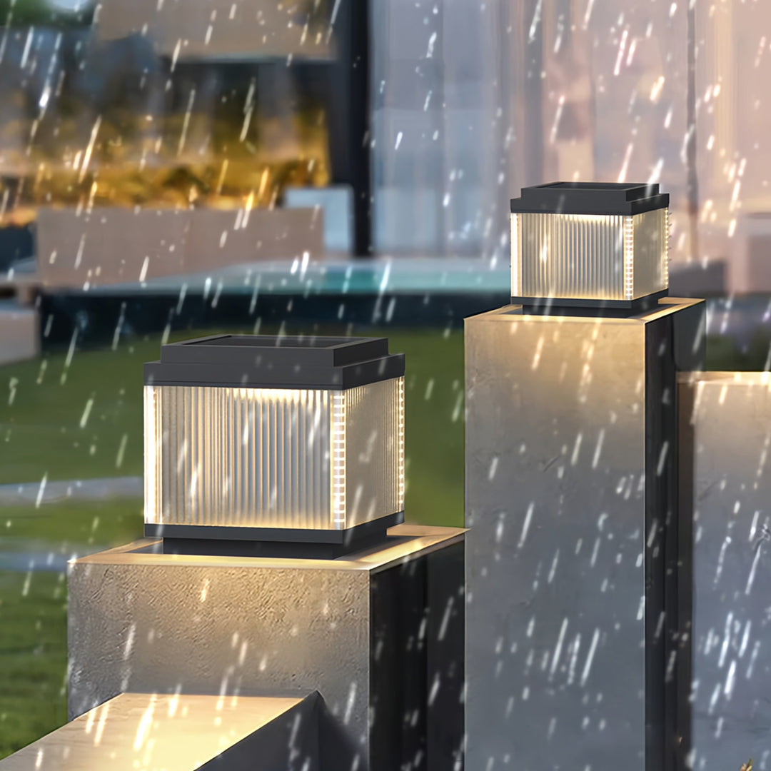 Minimalist Outdoor Pillar Light — Stainless Steel, Clear Glass, IP65 Weatherproof, Solar or Hardwired, 3 Sizes