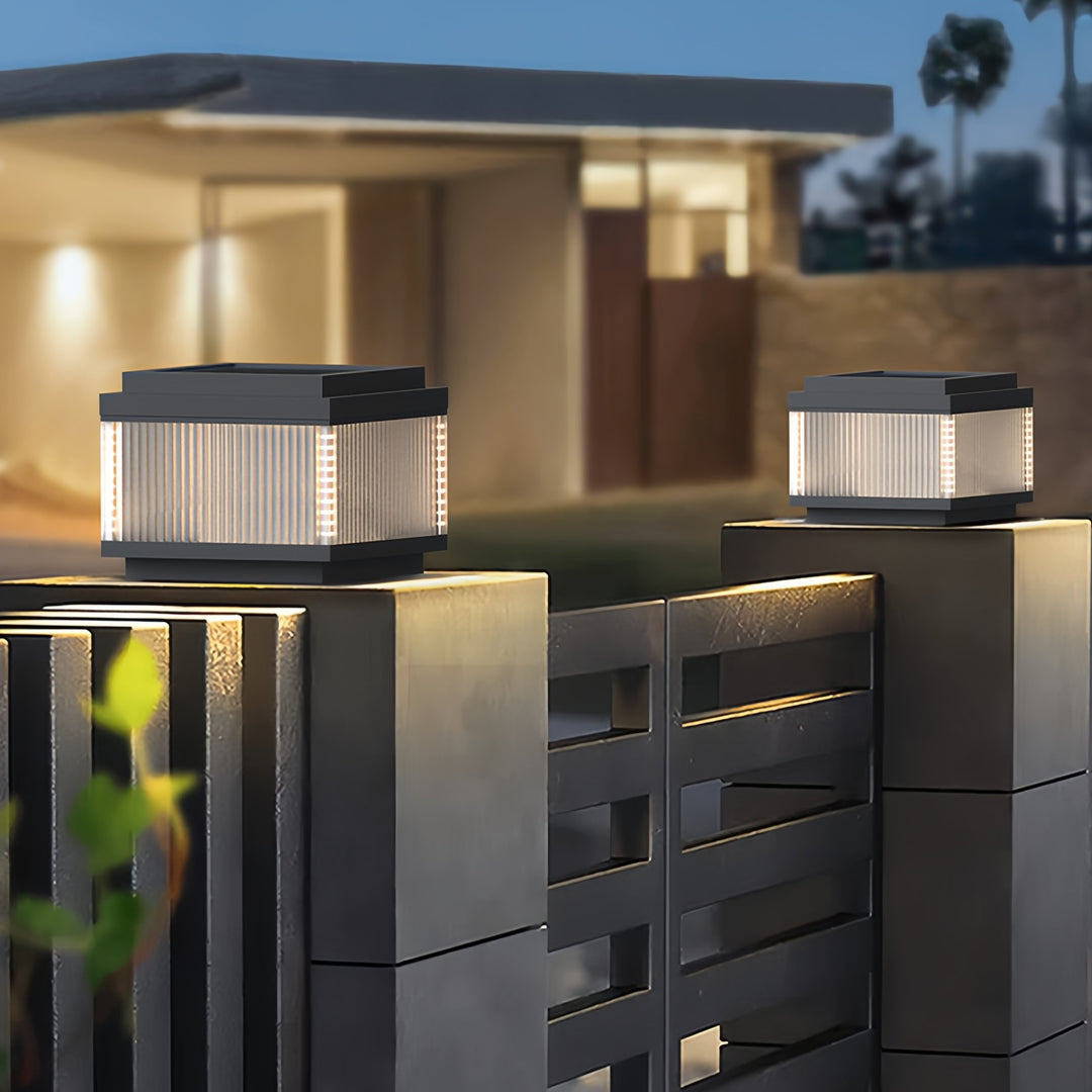 Minimalist Outdoor Pillar Light — Stainless Steel, Clear Glass, IP65 Weatherproof, Solar or Hardwired, 3 Sizes