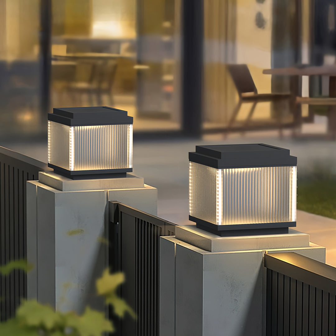 Minimalist Outdoor Pillar Light — Stainless Steel, Clear Glass, IP65 Weatherproof, Solar or Hardwired, 3 Sizes