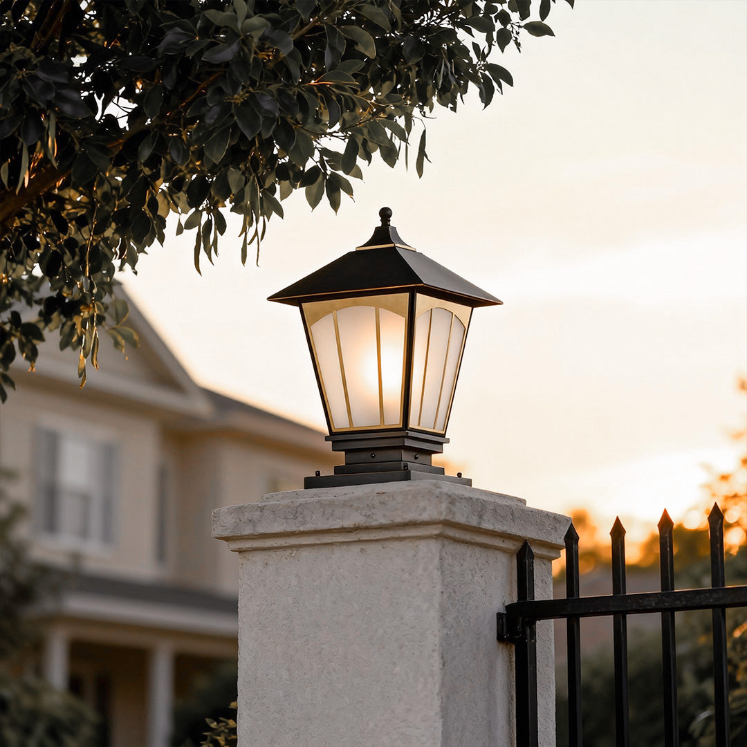 Outdoor Pillar Light — Solid Copper, Black & Gold Brushed Finish, Glass Shade, E27, IP55, 15.4"