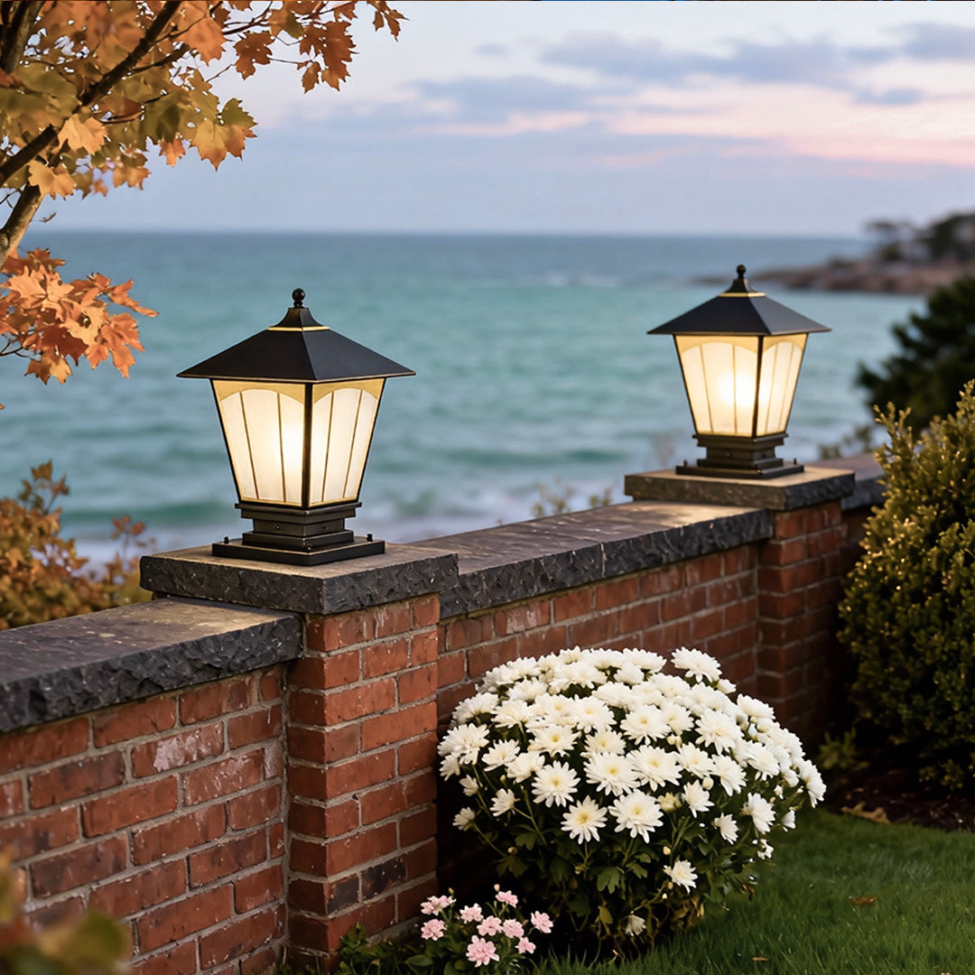 Outdoor Pillar Light — Solid Copper, Black & Gold Brushed Finish, Glass Shade, E27, IP55, 15.4"