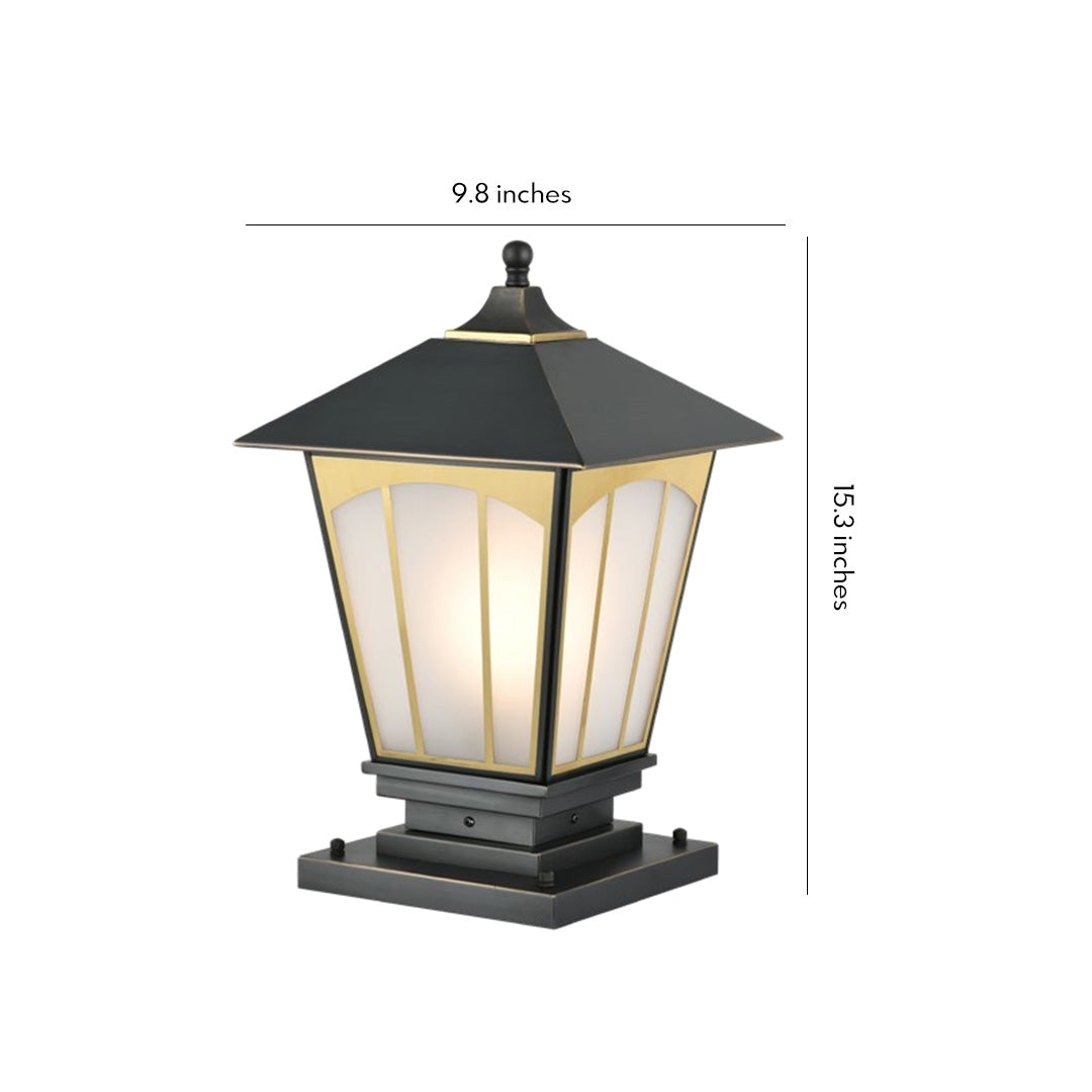 Outdoor Pillar Light — Solid Copper, Black & Gold Brushed Finish, Glass Shade, E27, IP55, 15.4"