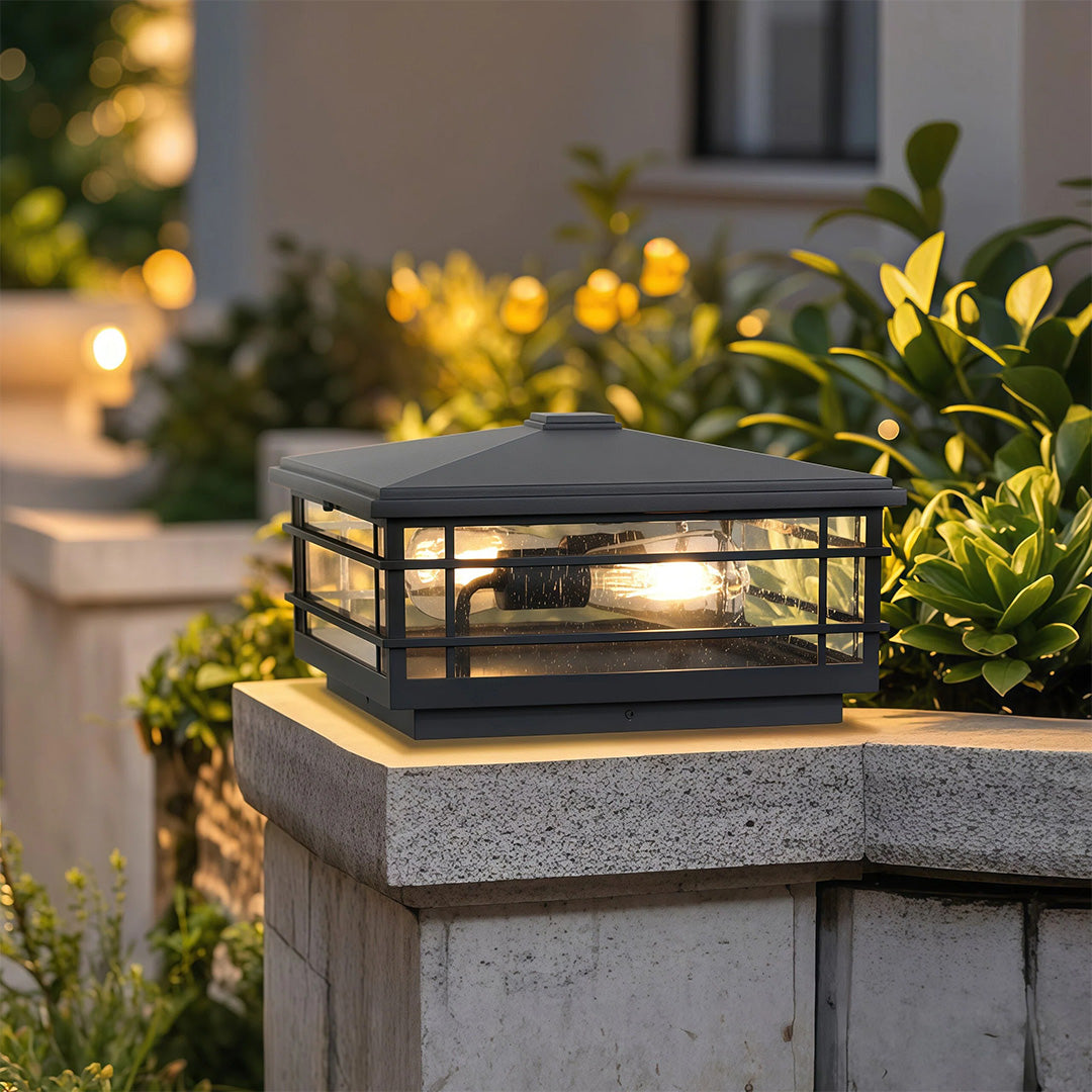 Minimalist Outdoor Pillar Light — Sand-Black Aluminum, Clear Glass, E27, IP54