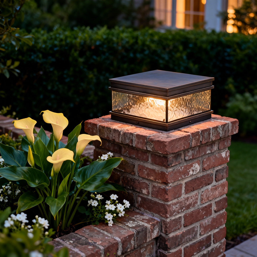 Square Brass Pillar Mount Courtyard Gate Light — Copper, Transparent Glass, E27, IP55, 11.8"