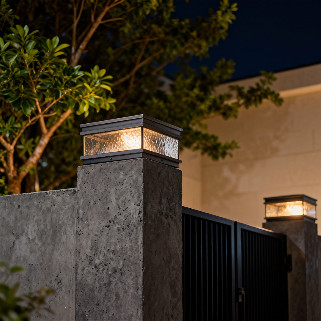Square Brass Pillar Mount Courtyard Gate Light — Copper, Transparent Glass, E27, IP55, 11.8"