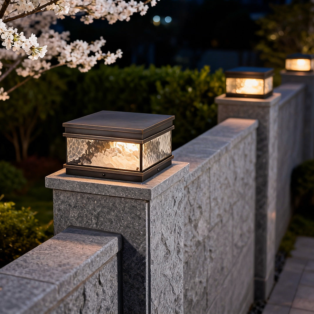 Square Brass Pillar Mount Courtyard Gate Light — Copper, Transparent Glass, E27, IP55, 11.8"