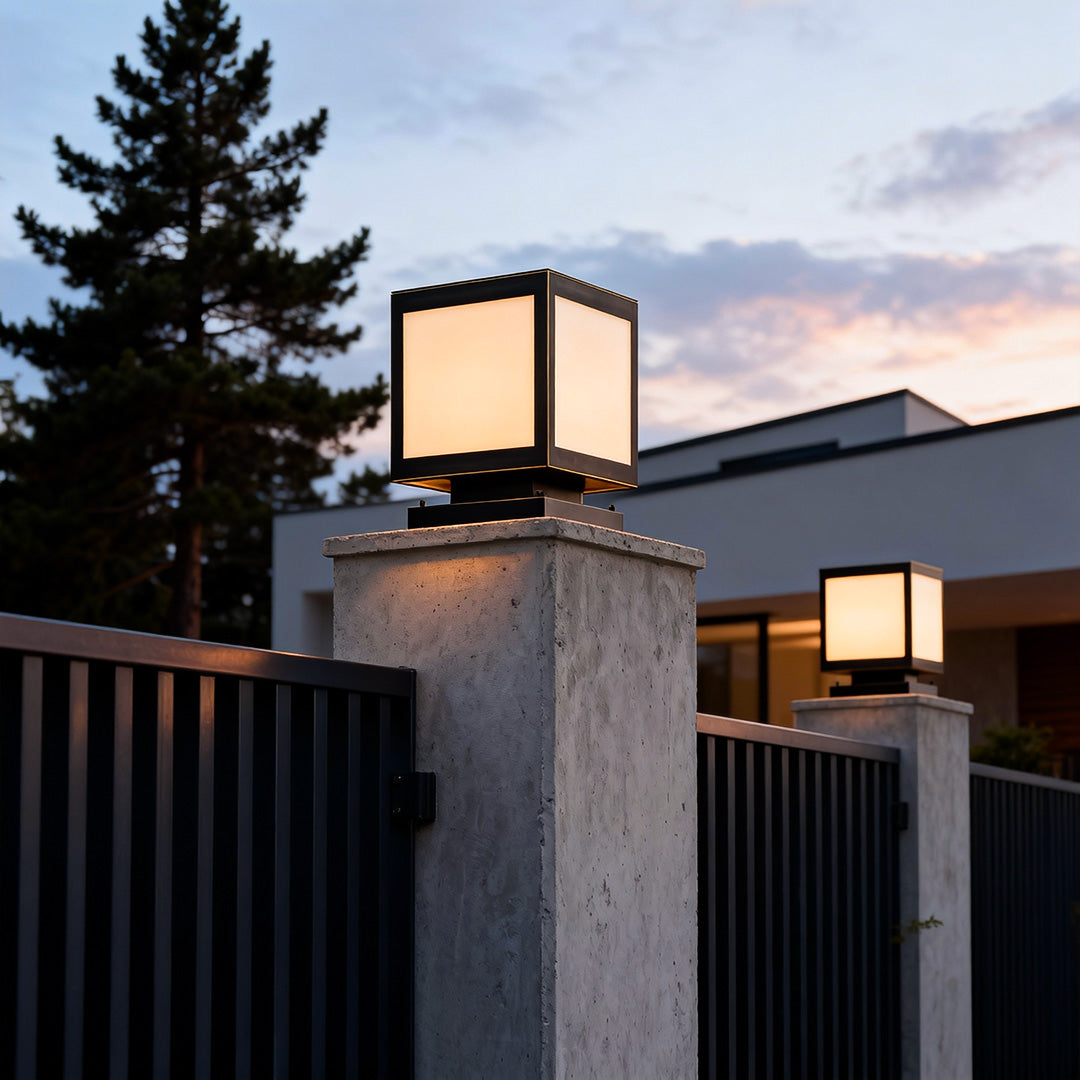 Square Copper Outdoor Pillar Solar Light — Marble-Imitation Shade, 5W LED, IP55 Weatherproof