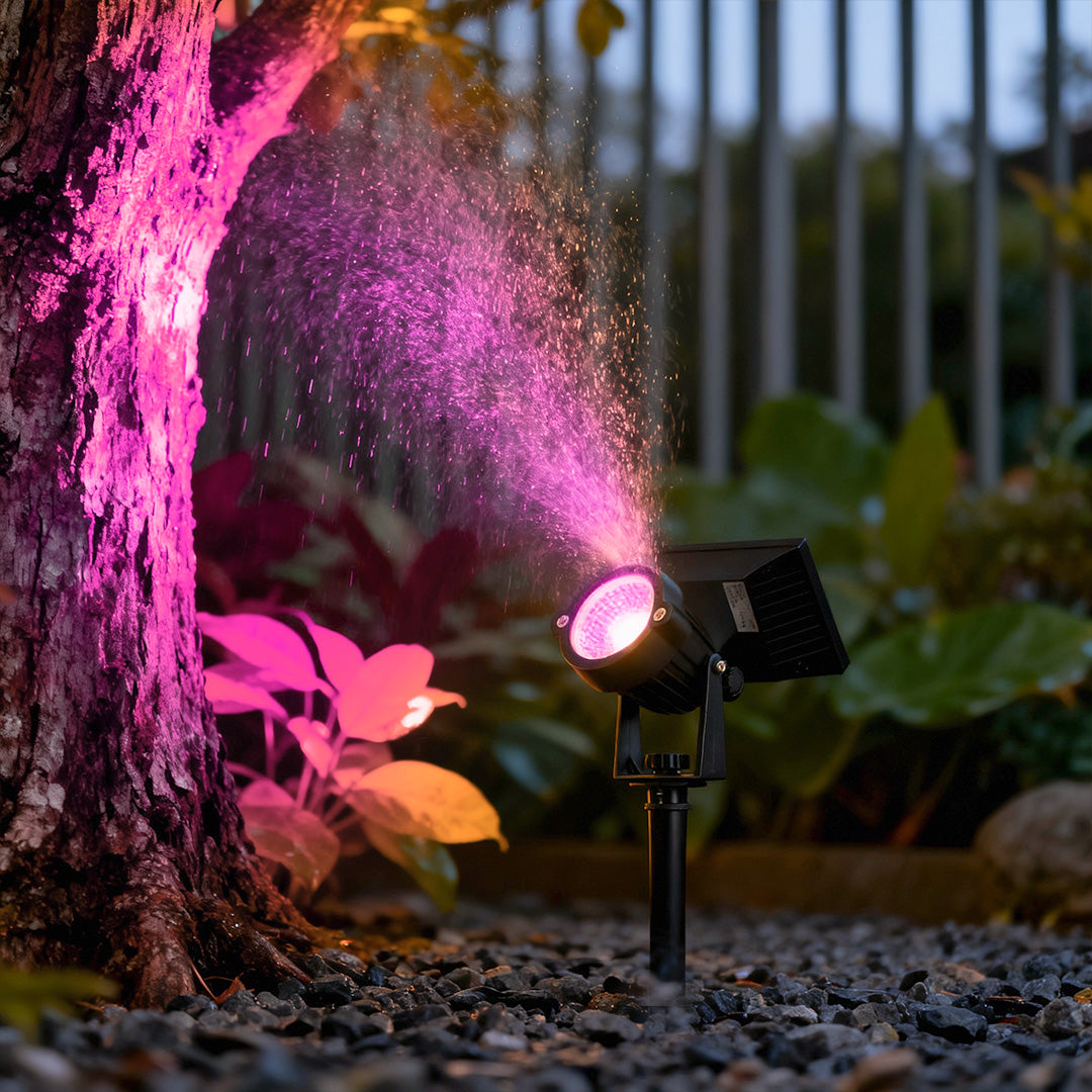 Adjustable RGB Solar Ground Spike Spotlight — Aluminum, 5W LED, IP65 Weatherproof, Warm White / RGB