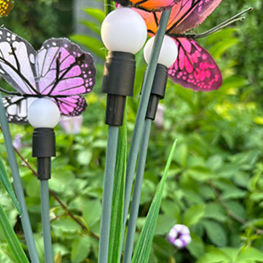 Six-Head Butterfly Solar Garden Stake Light — Fabric Butterflies, LED Warm White, Dusk-to-Dawn, IP65 Weatherproof