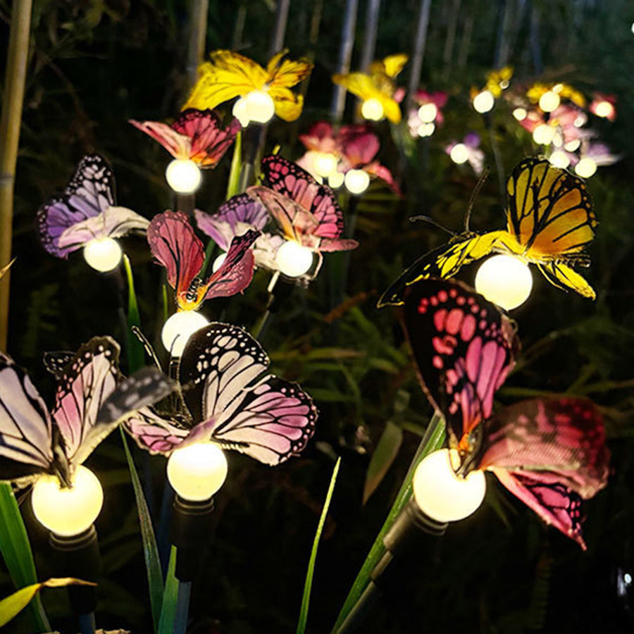 Six-Head Butterfly Solar Garden Stake Light — Fabric Butterflies, LED Warm White, Dusk-to-Dawn, IP65 Weatherproof