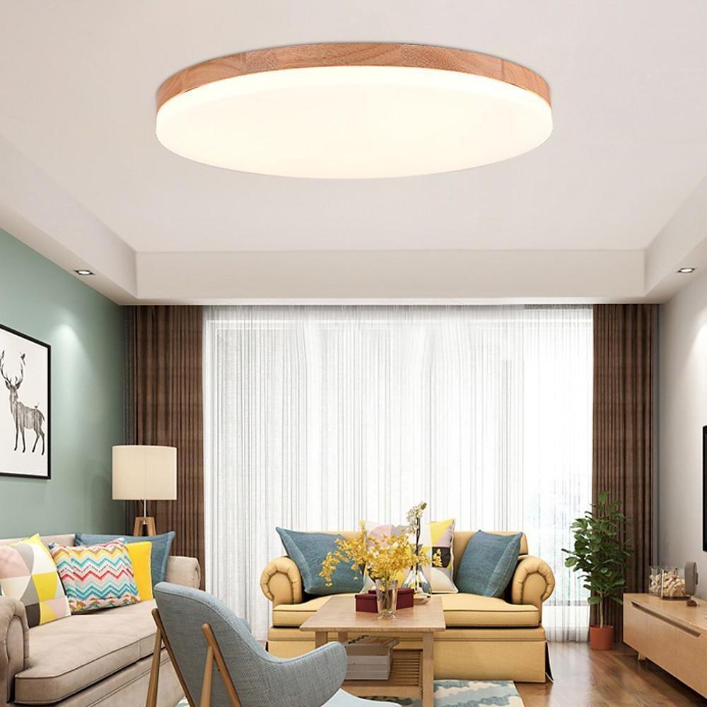 Circular Minimalist Flush-Mount Ceiling Light — Wood and Acrylic, LED, 3000K/6000K, Dimmable with Remote, 10"–19"