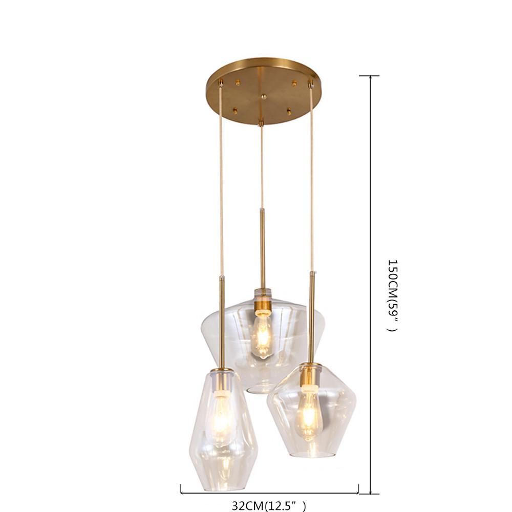 3-Light Retro Glass Pendant — Metal Base, LED Warm White 3200K, 12" Diameter, Kitchen Island