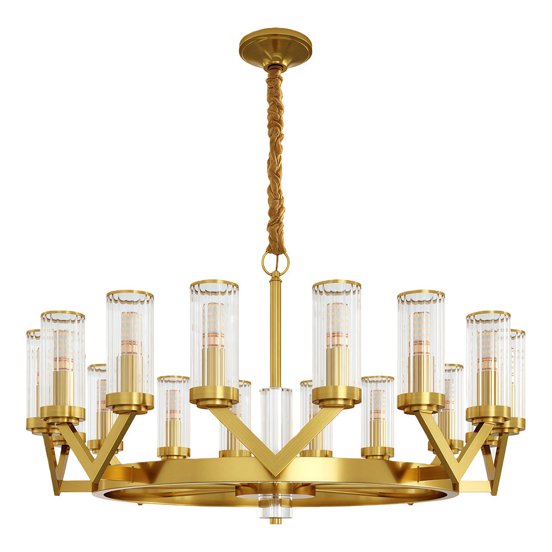 Glass Drop Chandelier — Full-Brass Frame, Transparent Glass, E14, Available in Copper, Nickel, or Black