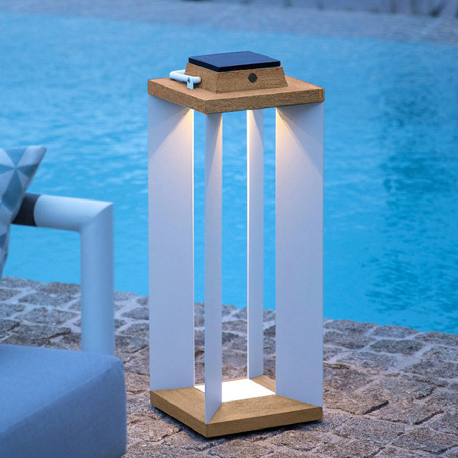 Modern Wood-Grain Outdoor Lantern — Stainless Steel, Solar / USB, 12W LED, 3000K, IP65, Dusk-to-Dawn, 16.9" or 25.6"