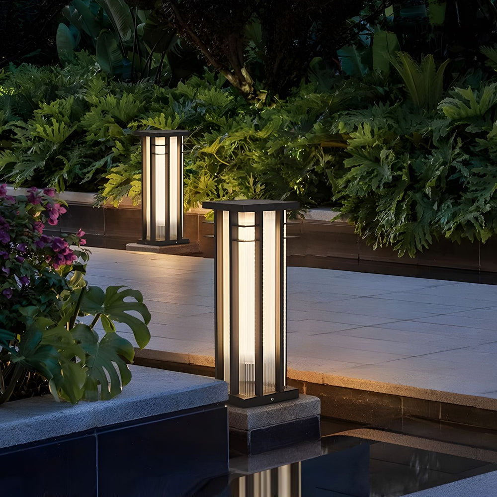Modern Bollard Path Light — Stainless Steel, Faux Alabaster Shade, LED, Solar + Hardwired, IP65, Remote Control, 17.7" or 25.6"