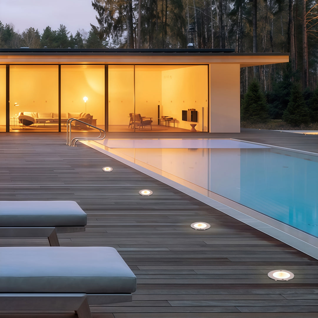 Inground Landscape Step Light — Stainless Steel & Tempered Glass, 12W LED, IP65, Hardwired, 110V, Warm White 3000K