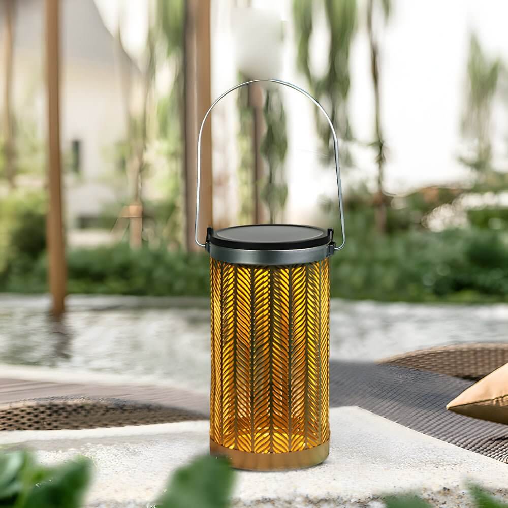 portable hanging lantern with metal cutout design 73 inches solar powered