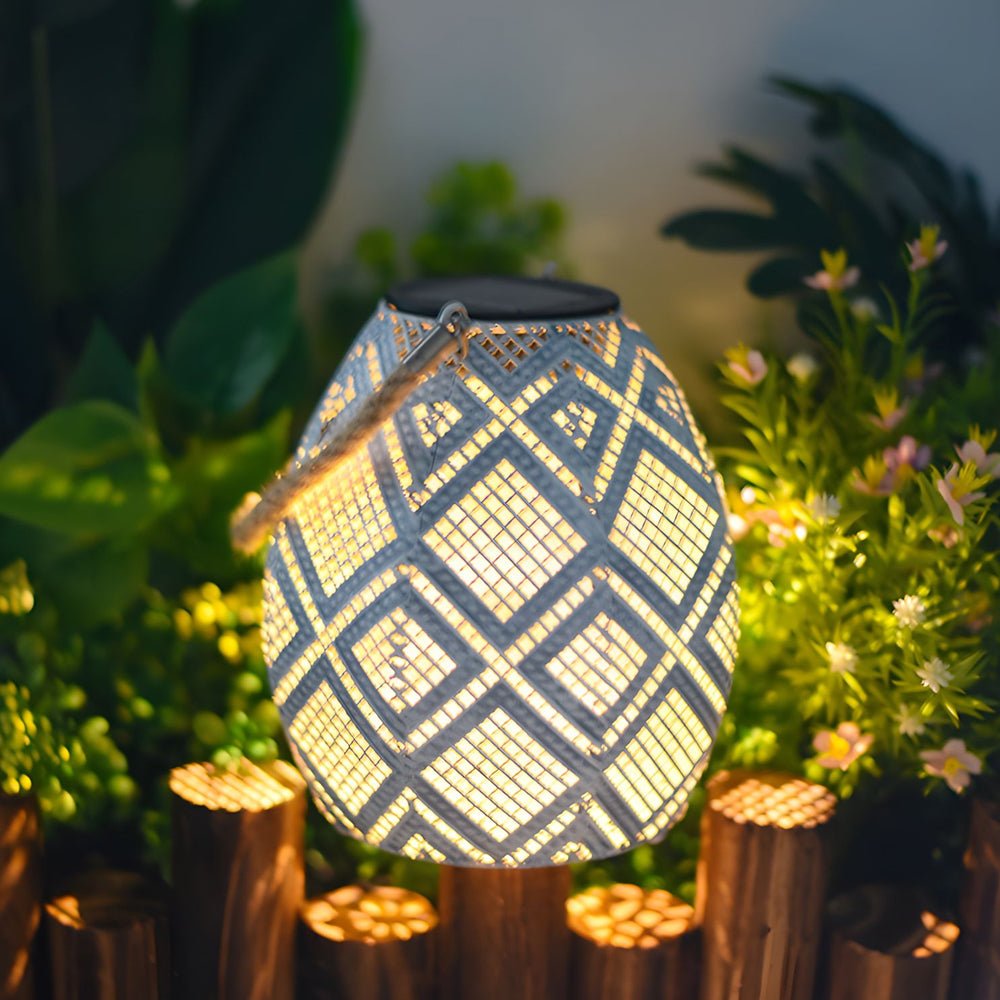 portable hanging white solar led lantern with moroccan pattern for outdoor use