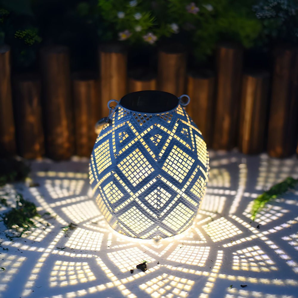 portable hanging white solar led lantern with moroccan pattern for outdoor use
