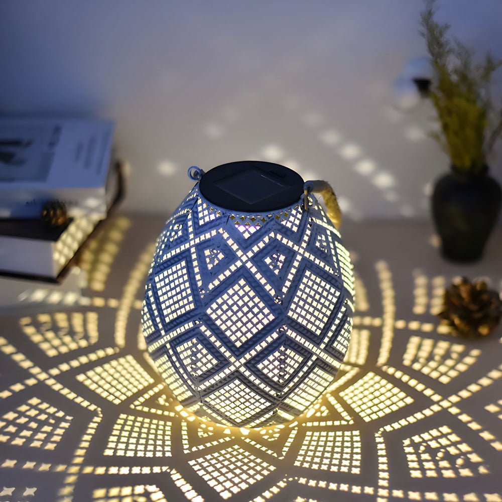 portable hanging white solar led lantern with moroccan pattern for outdoor use