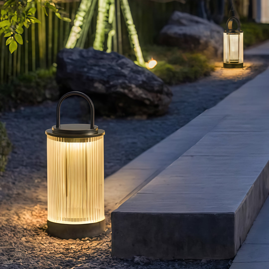 Modern Portable Outdoor Lantern — Stainless Steel, Solar / Hardwired, IP65, 3000K, 11" or 22"