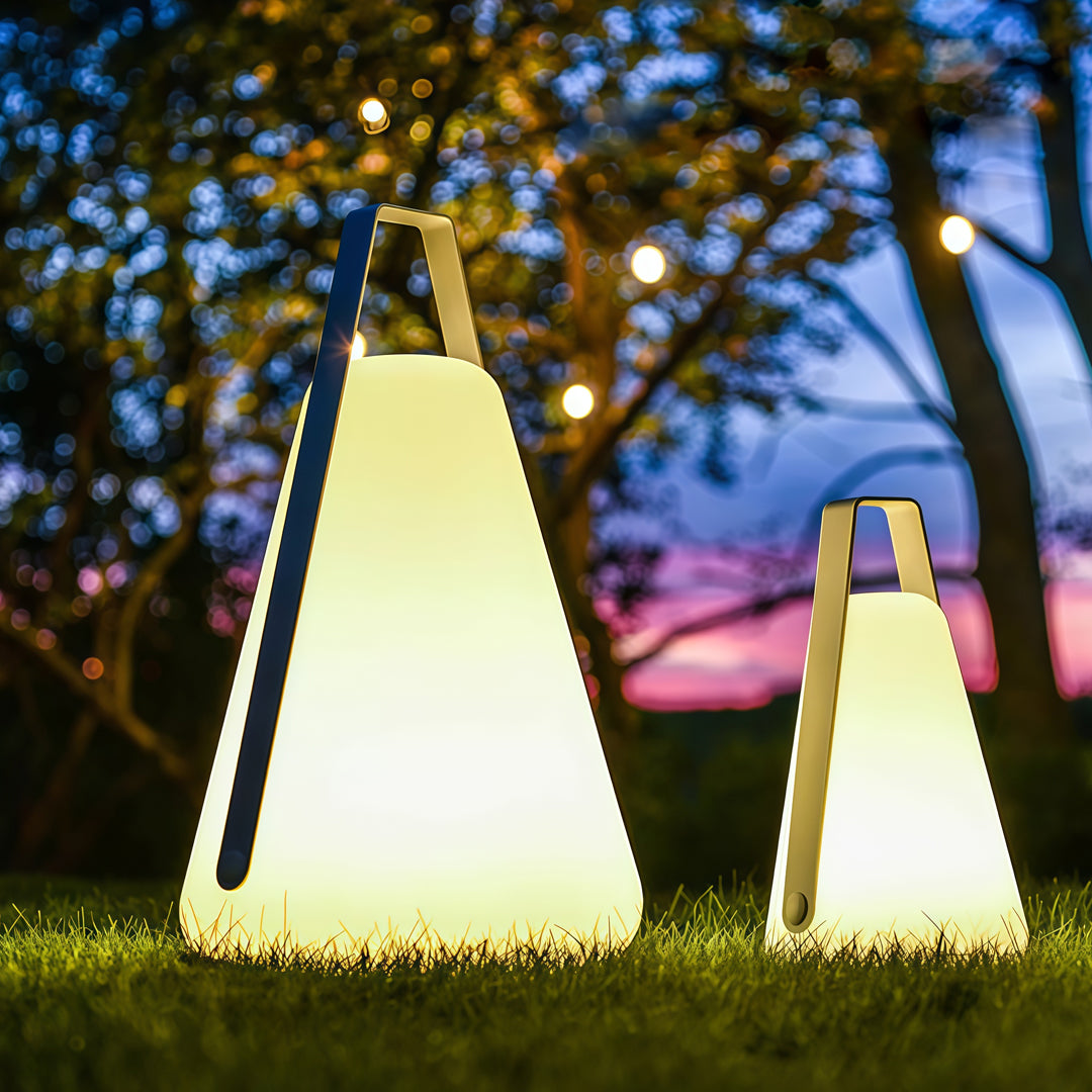 Portable Outdoor LED Lantern — Aluminum, Acrylic Shade, Solar / USB Rechargeable, IP65, Remote Control, Warm White 3000K