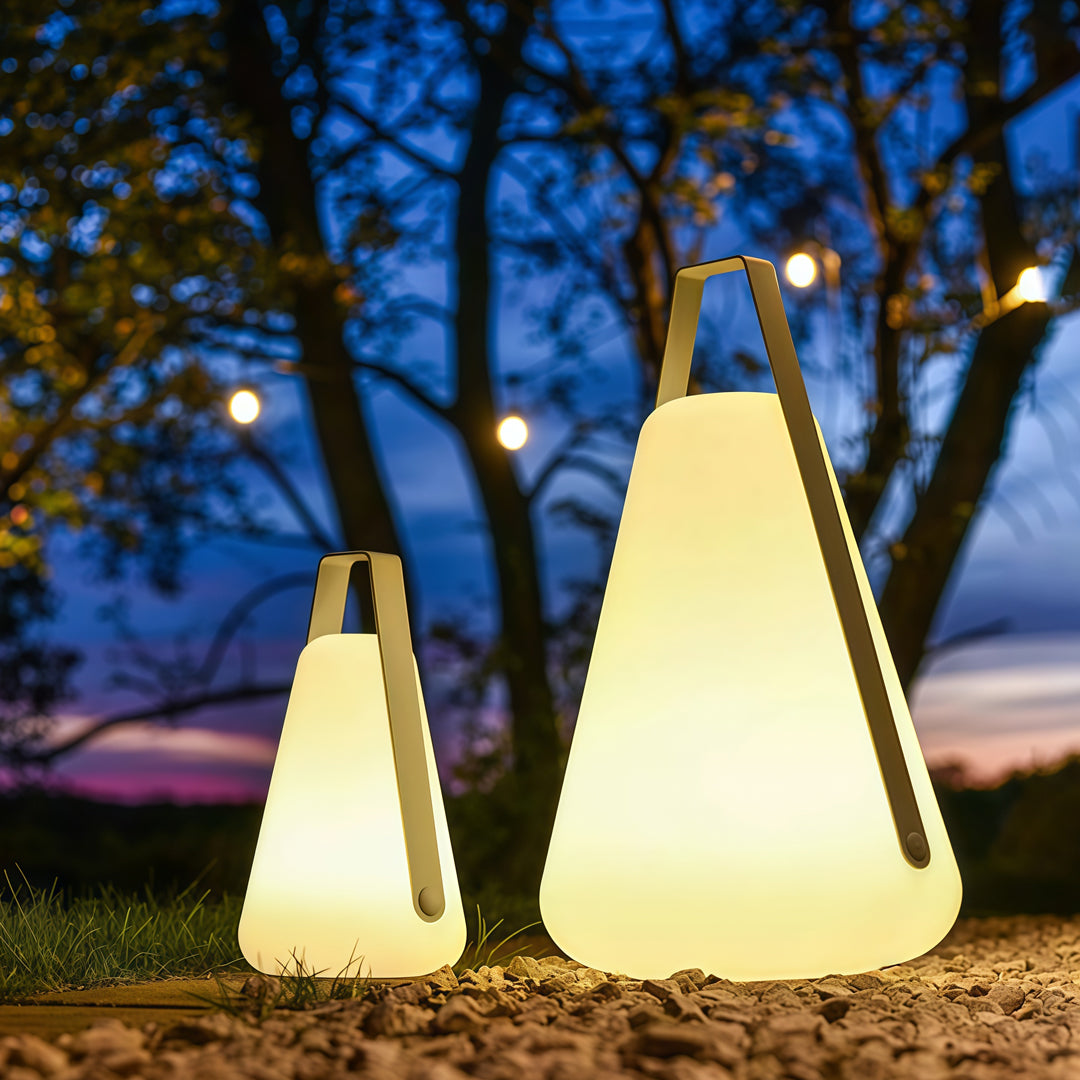 Portable Outdoor LED Lantern — Aluminum, Acrylic Shade, Solar / USB Rechargeable, IP65, Remote Control, Warm White 3000K