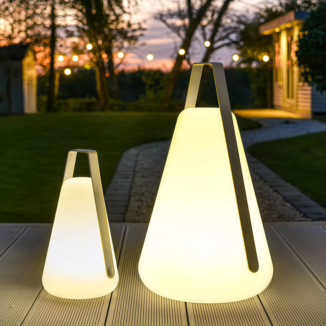 Portable Outdoor LED Lantern — Aluminum, Acrylic Shade, Solar / USB Rechargeable, IP65, Remote Control, Warm White 3000K