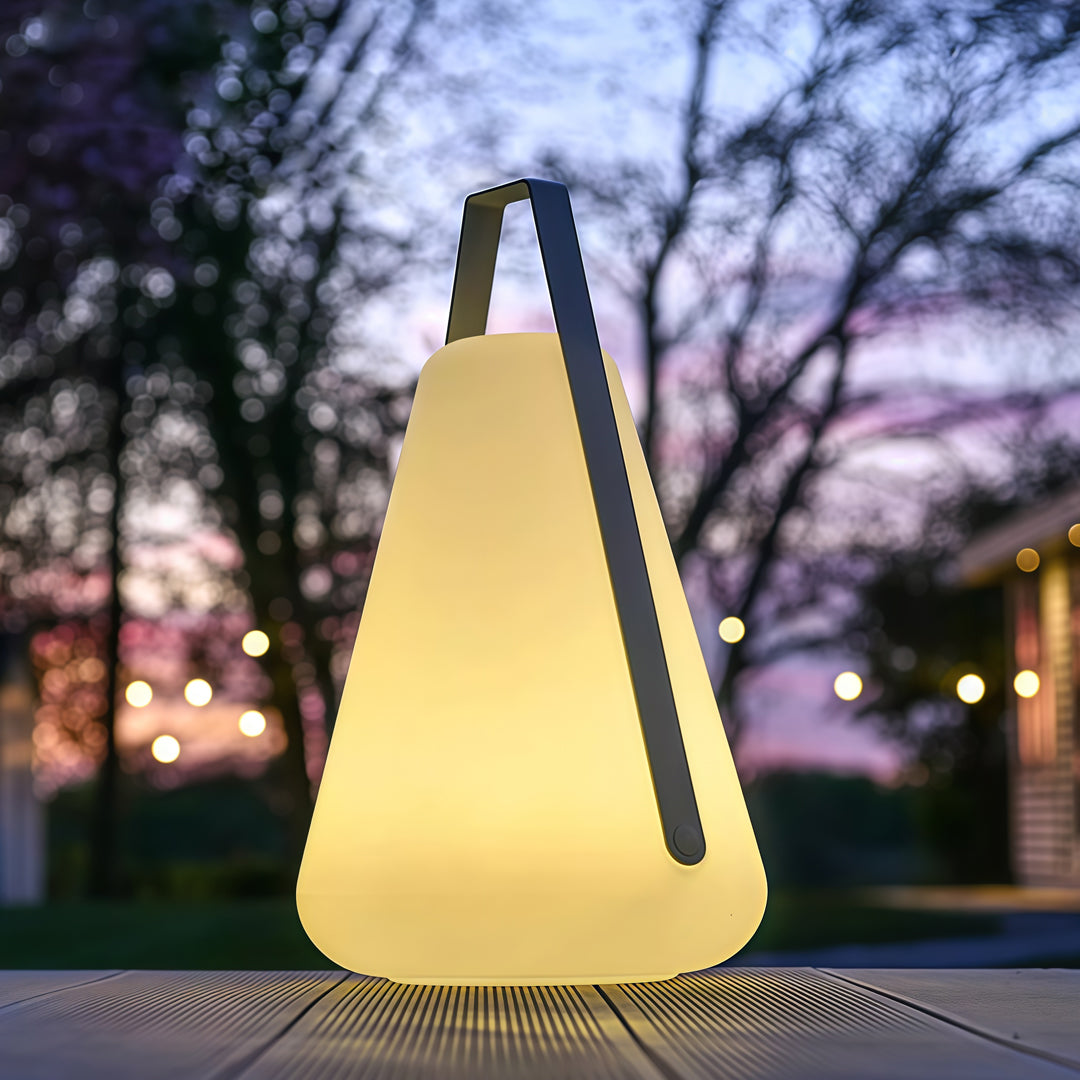 Portable Outdoor LED Lantern — Aluminum, Acrylic Shade, Solar / USB Rechargeable, IP65, Remote Control, Warm White 3000K