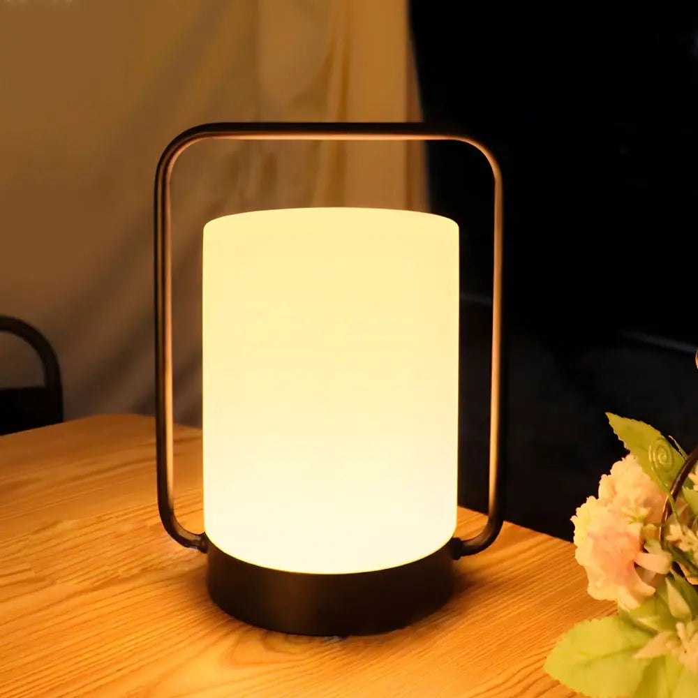 Portable Modern Black Outdoor Table Lamp with White Cylinder Shade, USB Connectivity, IP65 Rating Luxe