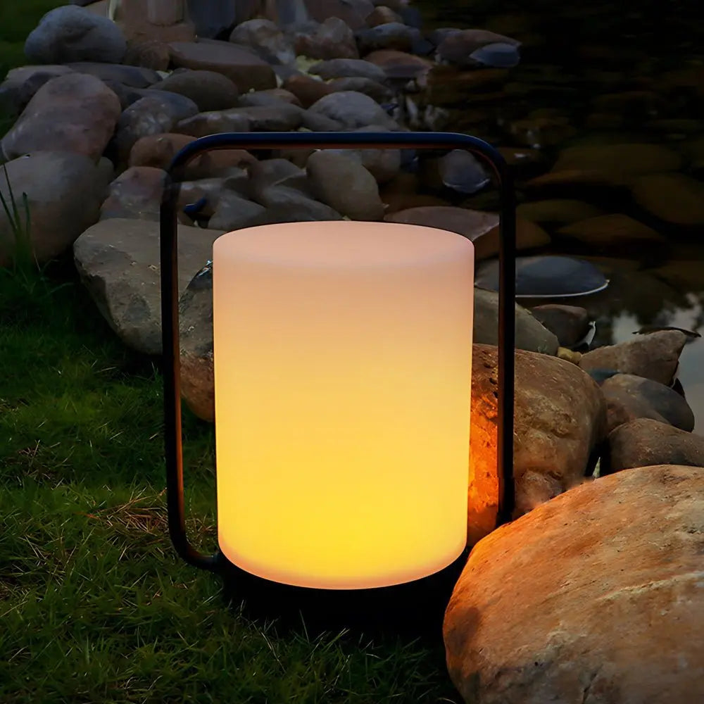 Portable Modern Black Outdoor Table Lamp with White Cylinder Shade, USB Connectivity, IP65 Rating Luxe