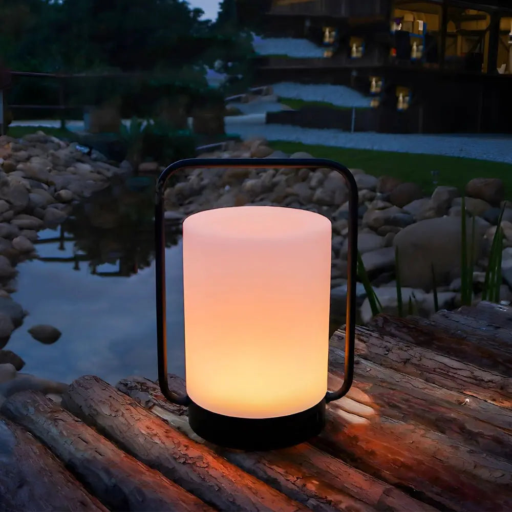 Portable Modern Black Outdoor Table Lamp with White Cylinder Shade, USB Connectivity, IP65 Rating Luxe