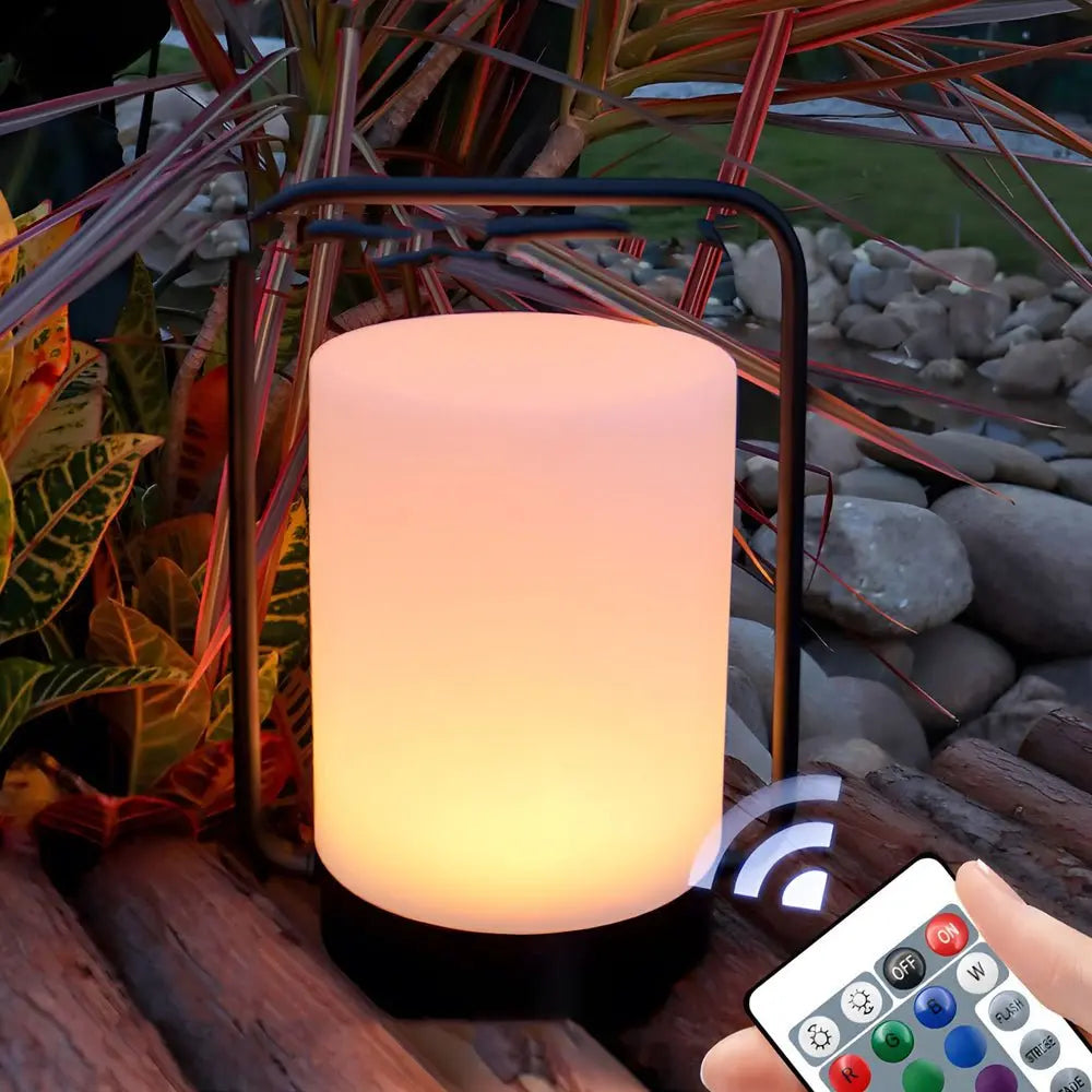 Portable Modern Black Outdoor Table Lamp with White Cylinder Shade, USB Connectivity, IP65 Rating Luxe
