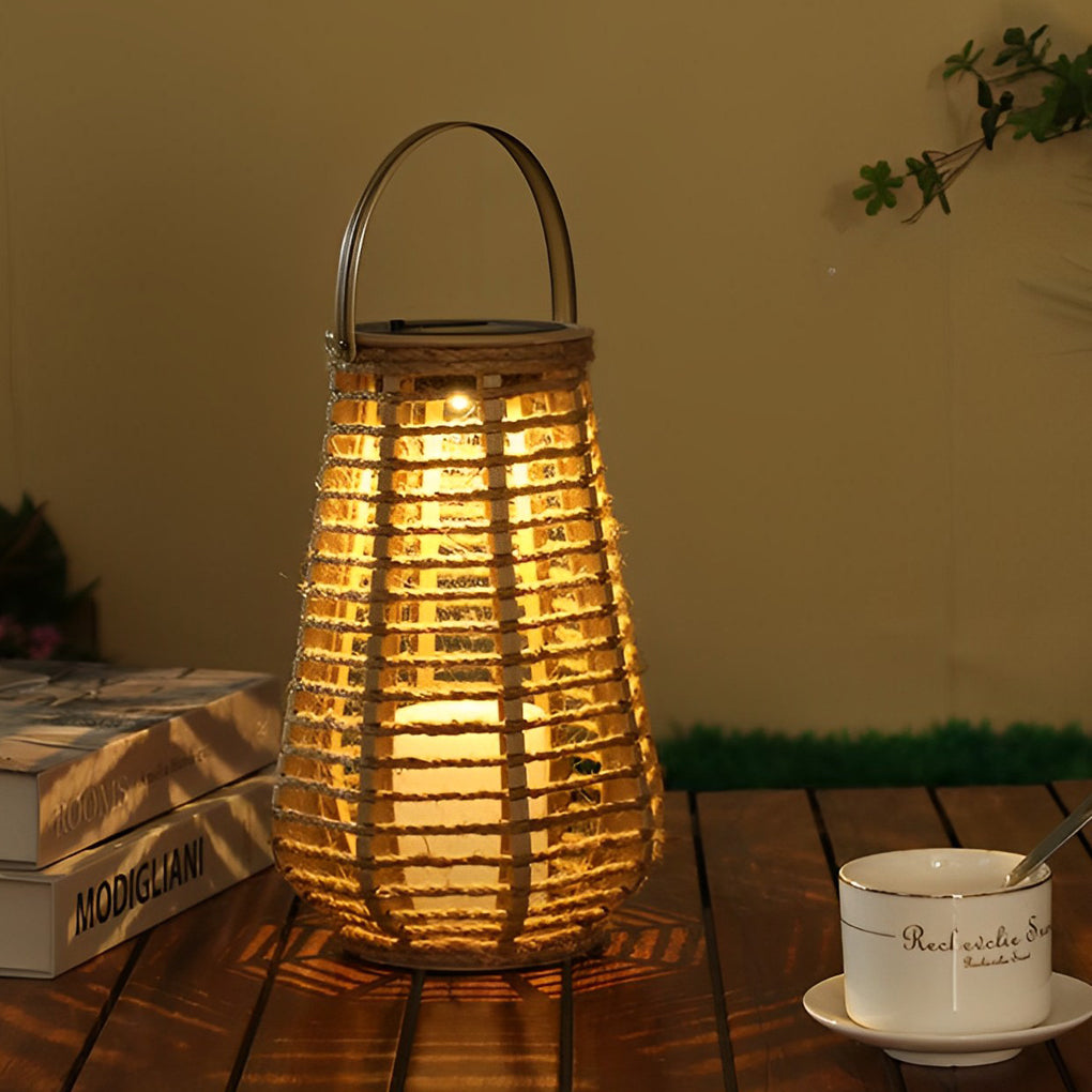 Woven Rattan Solar Portable Lantern — Brown, LED 3W, 6000mAh, IP65 Weatherproof, Hemp Rope Hanging