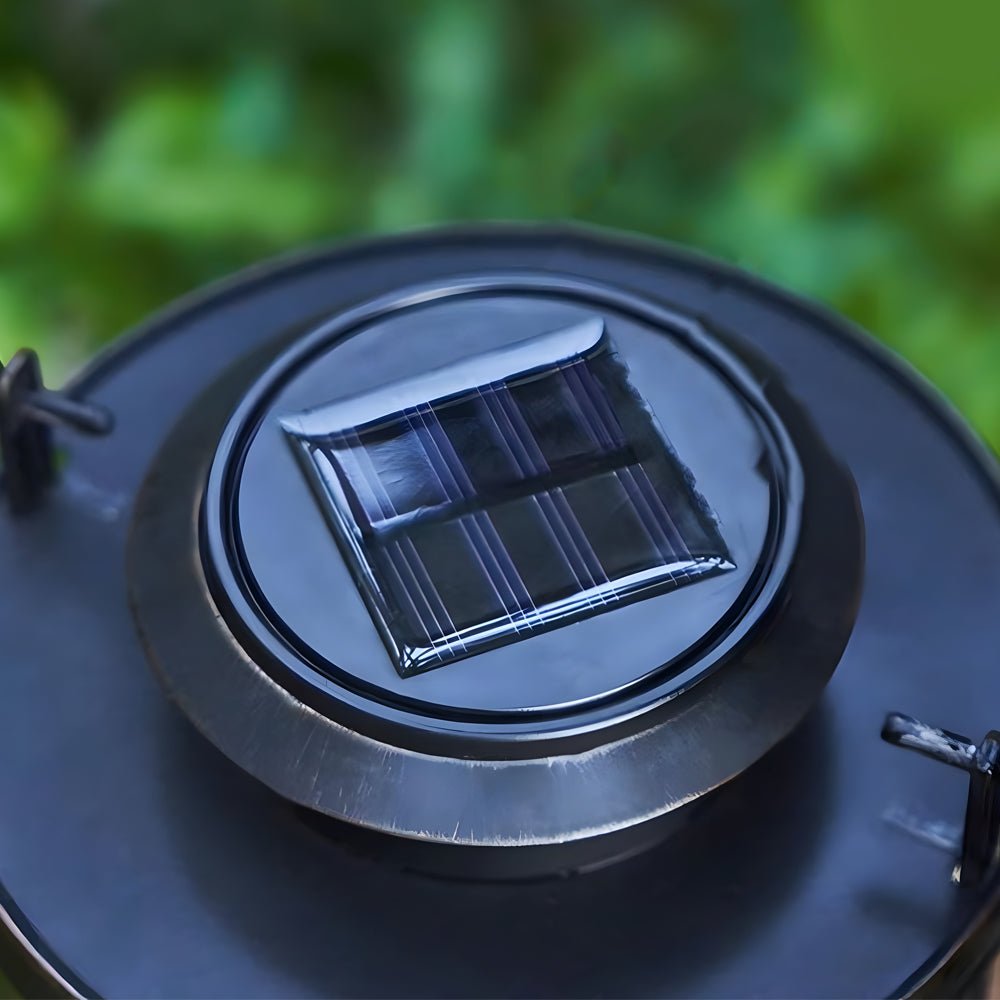 Retro Firefly Jar Outdoor Lantern — Clear Glass & Black Aluminum, 50-LED Solar, IP65, 5.5" × 9.6"
