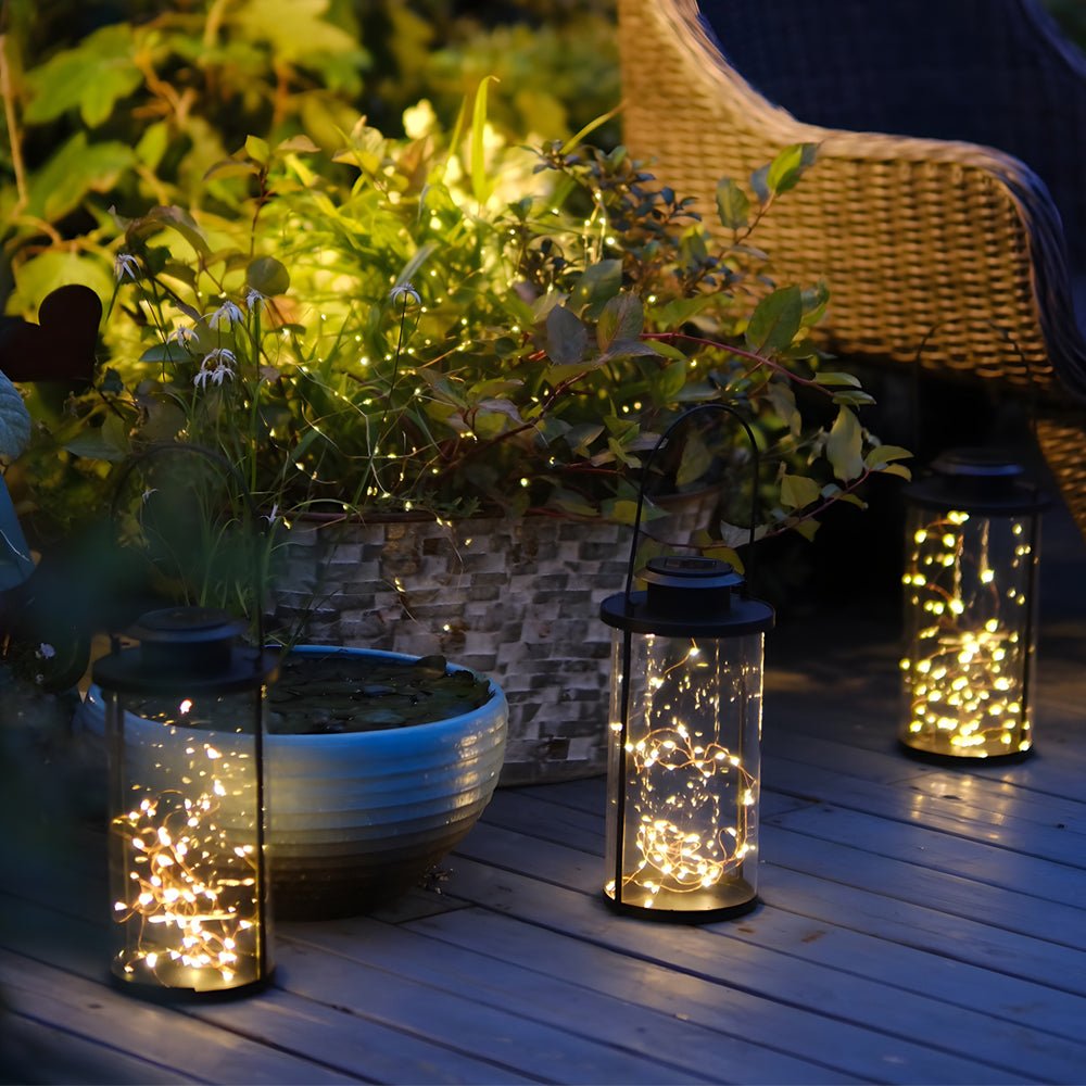 Retro Firefly Jar Outdoor Lantern — Clear Glass & Black Aluminum, 50-LED Solar, IP65, 5.5" × 9.6"