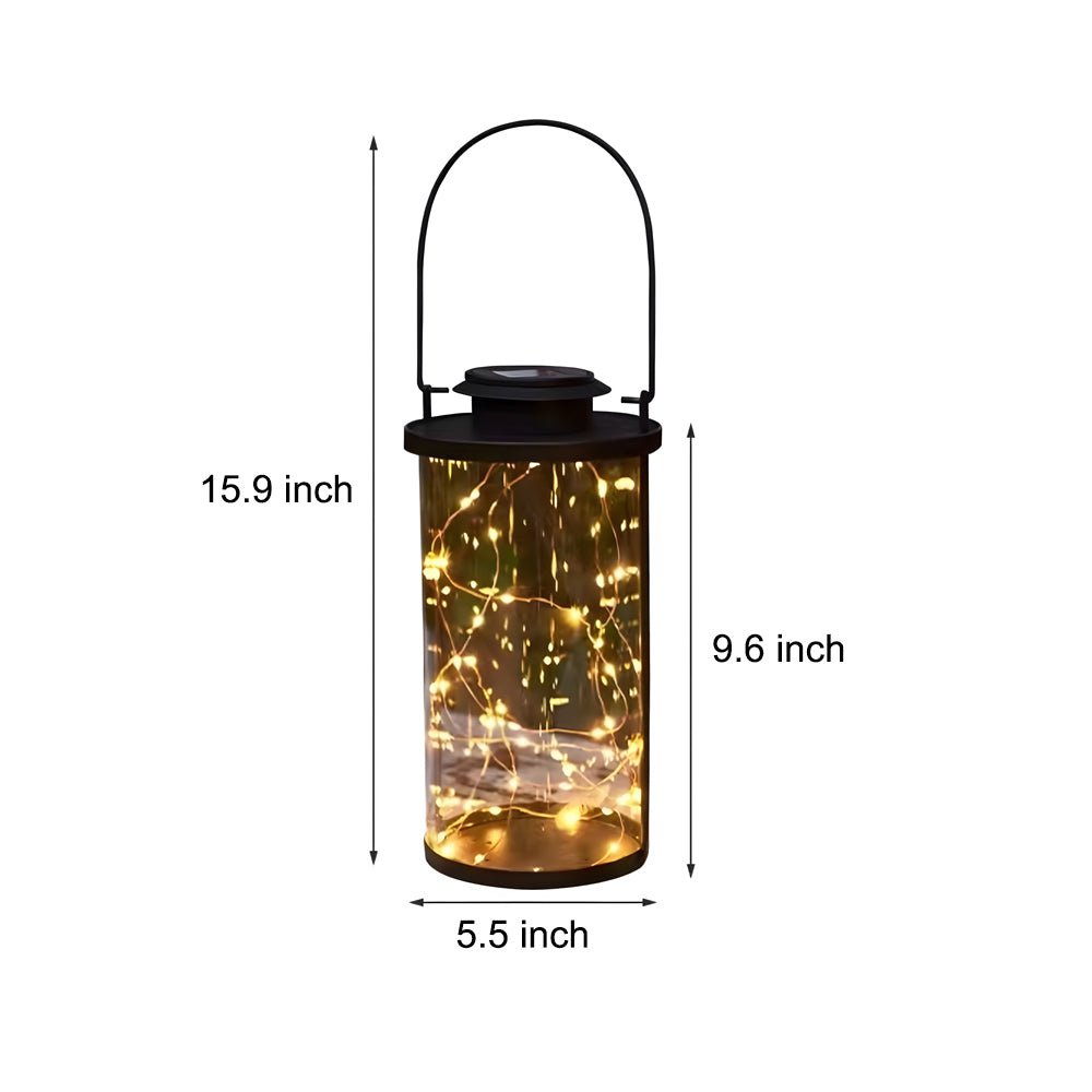 Retro Firefly Jar Outdoor Lantern — Clear Glass & Black Aluminum, 50-LED Solar, IP65, 5.5" × 9.6"