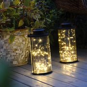 Retro Firefly Jar Outdoor Lantern — Clear Glass & Black Aluminum, 50-LED Solar, IP65, 5.5" × 9.6"
