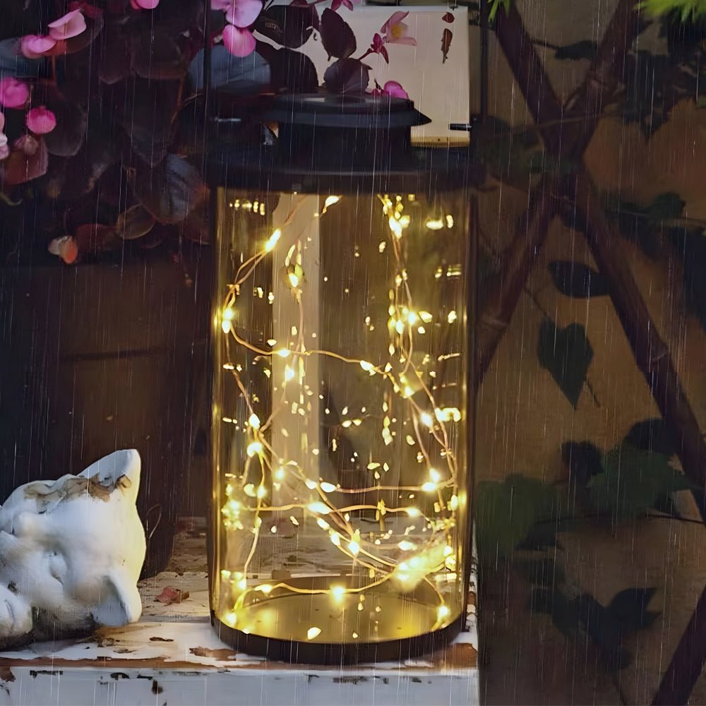 Retro Firefly Jar Outdoor Lantern — Clear Glass & Black Aluminum, 50-LED Solar, IP65, 5.5" × 9.6"