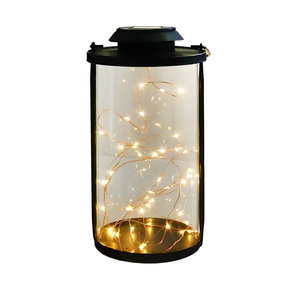 Retro Firefly Jar Outdoor Lantern — Clear Glass & Black Aluminum, 50-LED Solar, IP65, 5.5" × 9.6"