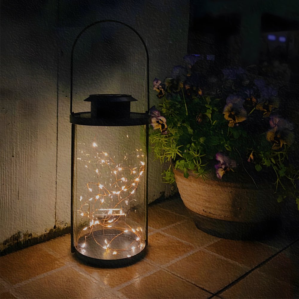 Retro Firefly Jar Outdoor Lantern — Clear Glass & Black Aluminum, 50-LED Solar, IP65, 5.5" × 9.6"
