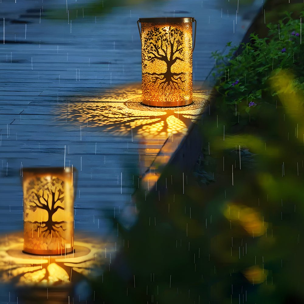 Retro Mid-Century Modern Solar Hanging Lantern — Iron, LED Warm White 3000K, IP55 Weatherproof, Portable