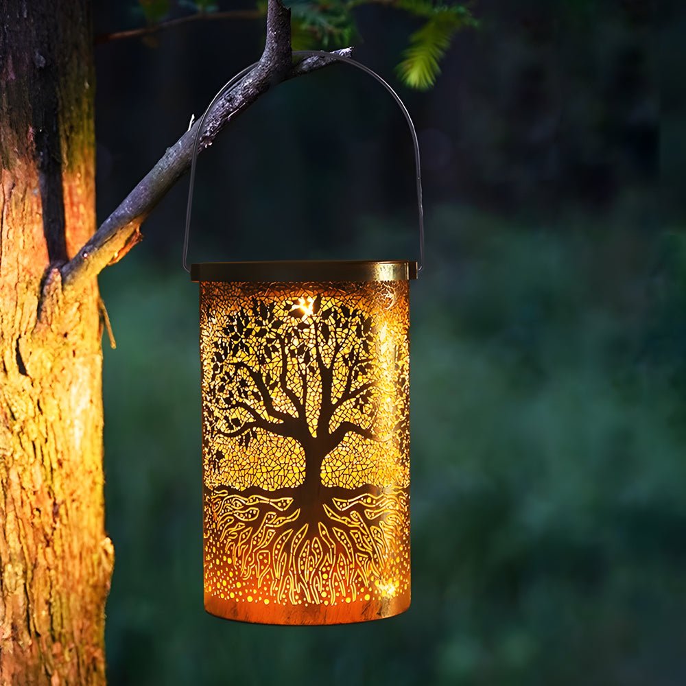 Retro Mid-Century Modern Solar Hanging Lantern — Iron, LED Warm White 3000K, IP55 Weatherproof, Portable