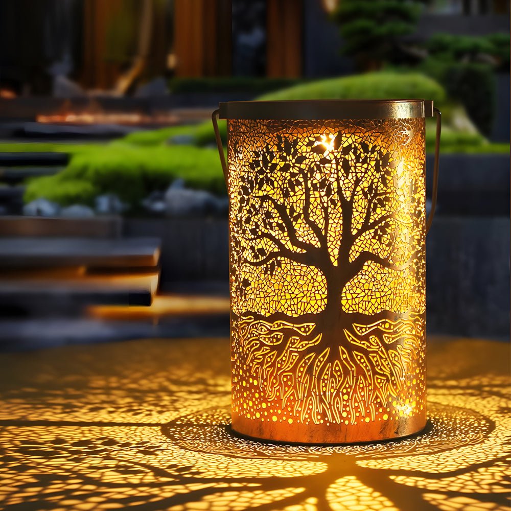 Retro Mid-Century Modern Solar Hanging Lantern — Iron, LED Warm White 3000K, IP55 Weatherproof, Portable
