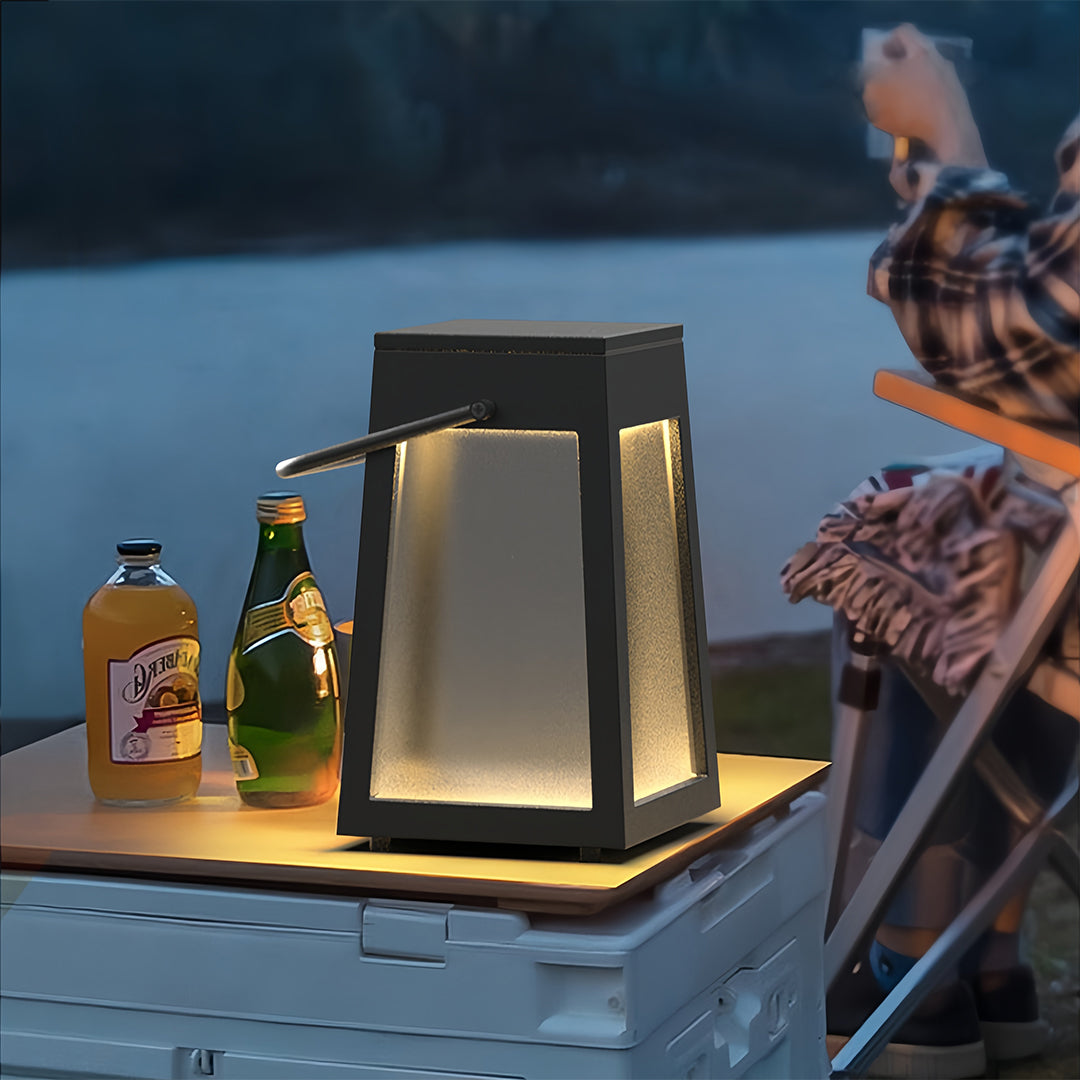 Portable Camping Lantern — Stainless Steel, Black, LED Warm Light, Solar or USB Rechargeable, IP65 Weatherproof, 13" & 15.8"