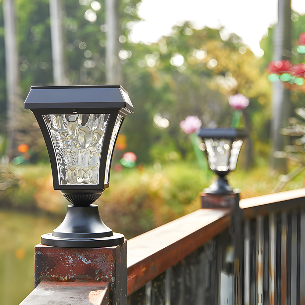 Rustic Solar Lantern Post Cap Light — Die-Cast Aluminum, Rippled PC Shade, LED, IP55, Dusk-to-Dawn, 3000K / 6000K