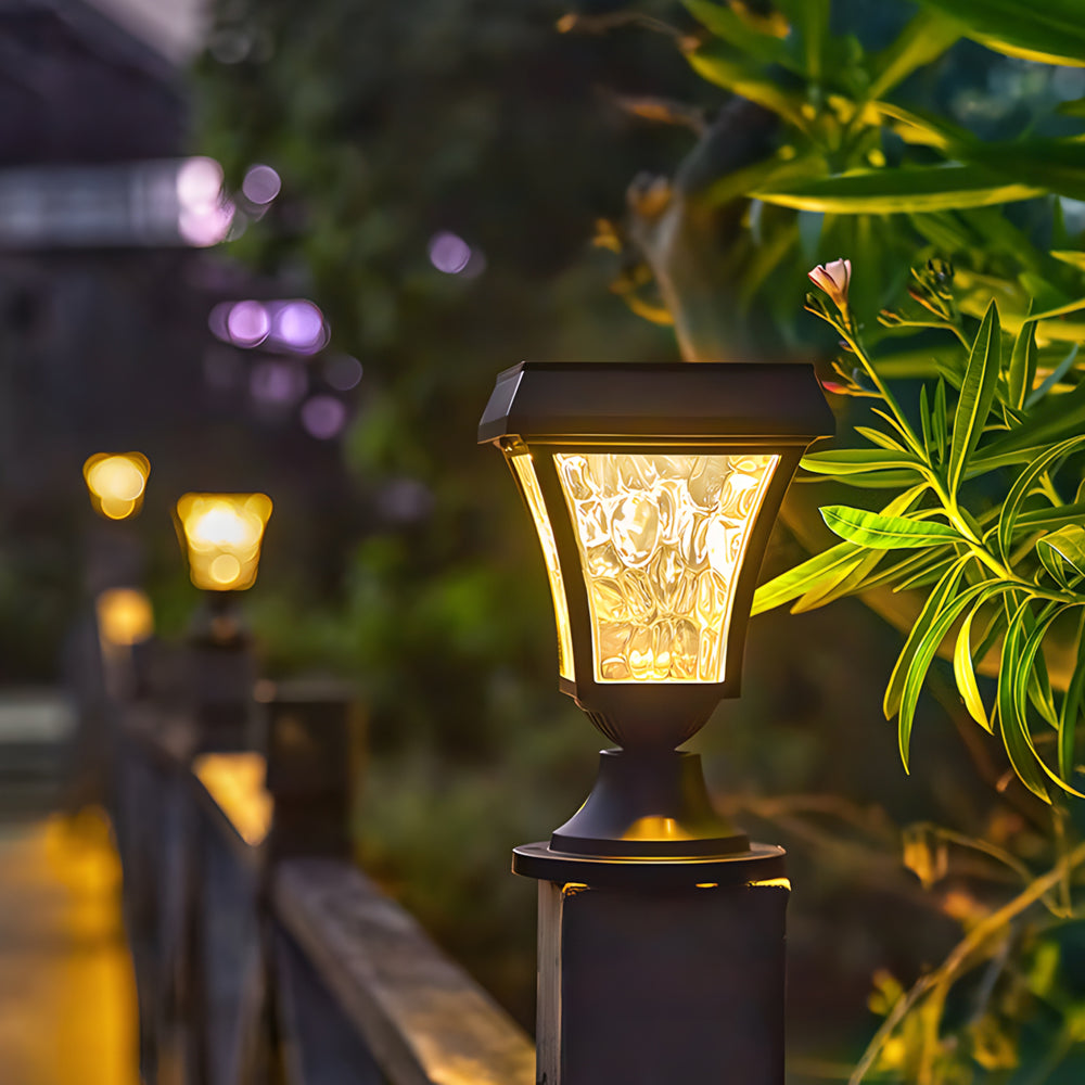 Rustic Solar Lantern Post Cap Light — Die-Cast Aluminum, Rippled PC Shade, LED, IP55, Dusk-to-Dawn, 3000K / 6000K