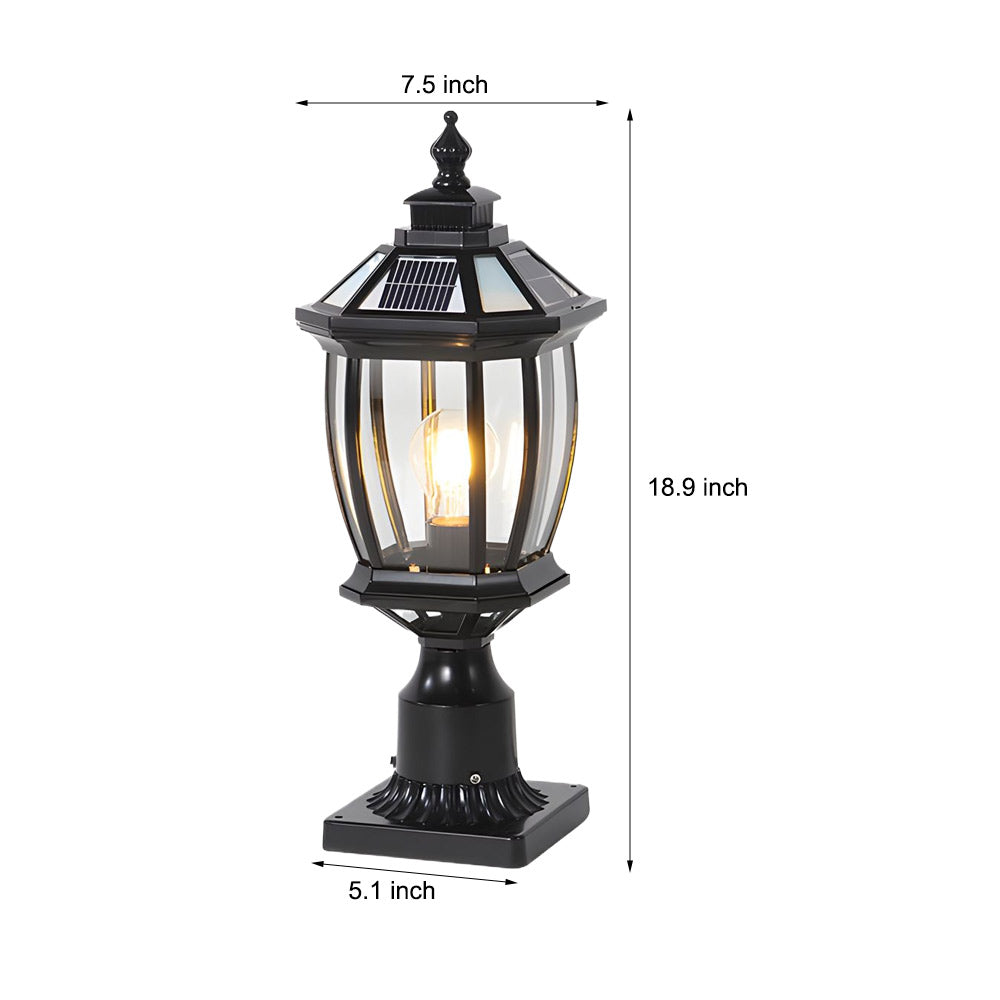 Octagonal Pagoda Pillar Light — Aluminum & Glass, Solar / Hardwired, 3-Step Dimming, Black or Bronze