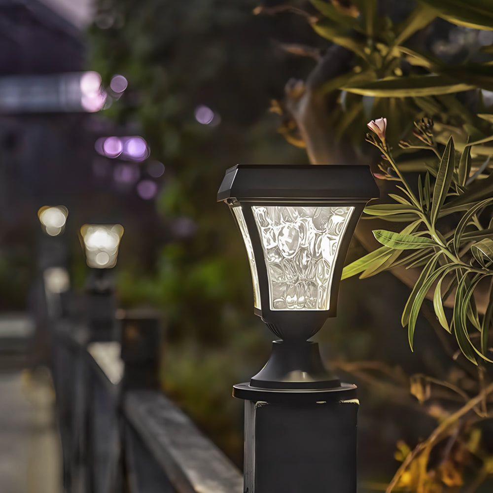 Rustic Solar Lantern Post Cap Light — Die-Cast Aluminum, Rippled PC Shade, LED, IP55, Dusk-to-Dawn, 3000K / 6000K